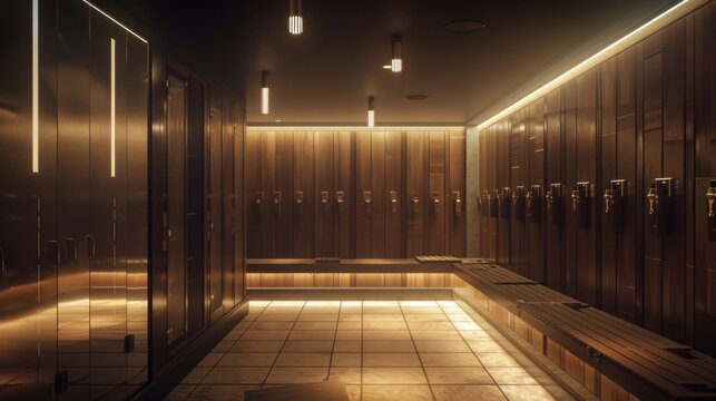 A modern locker room with wooden lockers and warm lighting. The space features tiled flooring and glass doors, creating a sleek and inviting atmosphere.