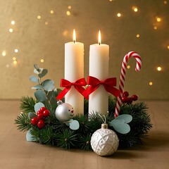 Christmas advent wreath with two candles and ornaments