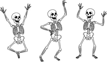 Happy dancing skeletons cartoon vector illustration set for Halloween party, cheerful skull characters celebrating holiday, funny bone figures jumping