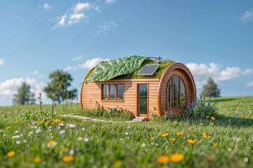 Eco-friendly tiny house with green roof and solar panels in a blooming meadow under a clear blue sky