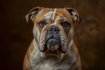 Bulldog sits calmly with a serious expression in a warm-toned backdrop, showcasing its soft features and character
