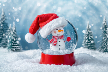 Snow globe featuring a happy snowman in a red hat surrounded by sparkling snowflakes and trees during winter festivities