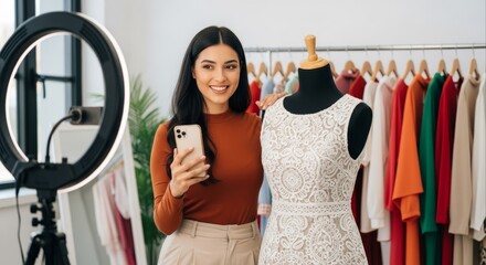 Young female fashion vlogger live streaming to sell clothes online.
