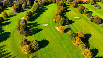 Drone view of autumn golf course in Germany