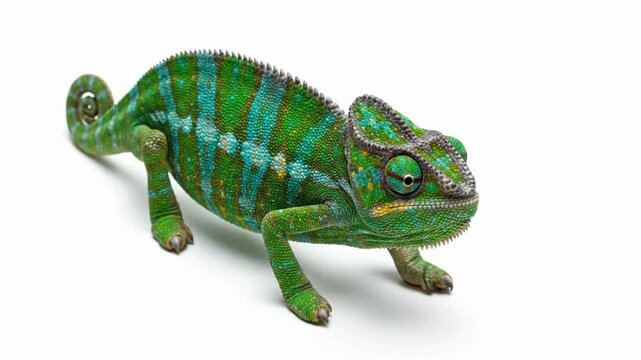 A detailed video of a colorful chameleon standing still on a clean white seamless background. Fine skin texture, vivid color gradients, and curled tail shown in cinematic realism.