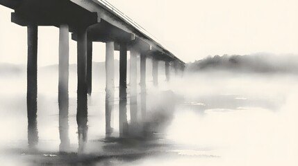 Elevated roadway structure pierces through dense atmospheric moisture over calm water