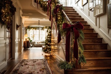 Luxury Christmas home staircase with lush green garland and deep red bows, warm light reflections on polished wood banister, shallow focus and refined natural tone festive decor