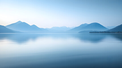 A tranquil scene featuring calm water reflecting distant mountain ranges under a clear sky.