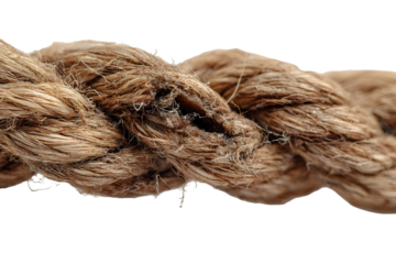 Close-up of frayed brown rope on white background depicting wear and tension