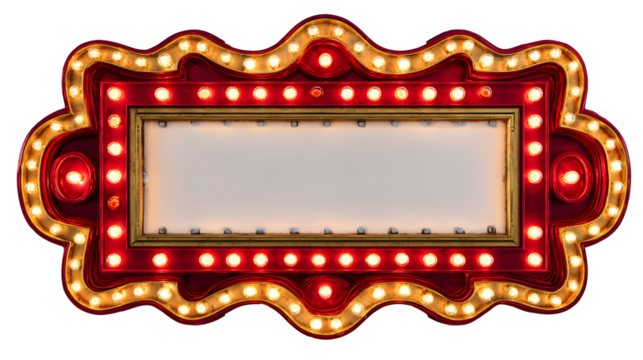 Vintage marquee sign with red and gold lights on white background