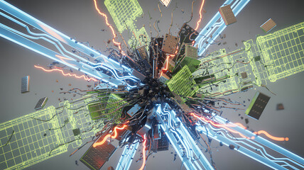Futuristic 3D explosion of glowing circuit boards and data particles, representing artificial intelligence, innovation, digital energy, and the power of advanced technology in a modern cyber world,Ai