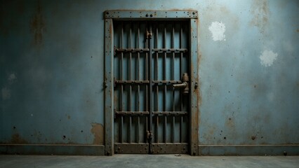 A rusty old jail cell door in a blue room