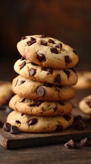 Stack of freshly baked chocolate chip cookies on a wooden board