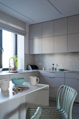 Modern kitchen interior with grey kitchen countertop with mint chair, kitchen sink with faucet by the window. Dining room with contemporary style. Vertical.