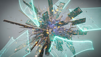 Futuristic 3D explosion of glowing circuit boards and data particles, representing artificial intelligence, innovation, digital energy, and the power of advanced technology in a modern cyber world,Ai