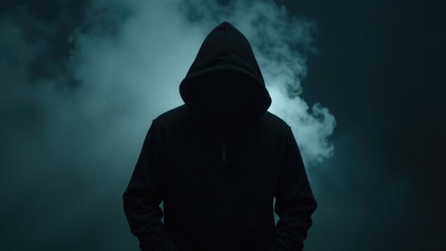 A person wearing a hoodie stands alone in the darkness, great for use as a silhouette or mysterious atmosphere