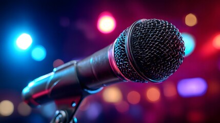 Obraz premium Professional vocal microphone stands ready on stage with vibrant colorful lighting in the background