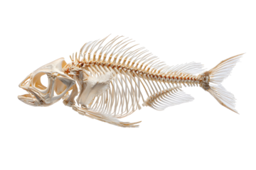 Complete fish skeleton on black background displaying intricate bone structure