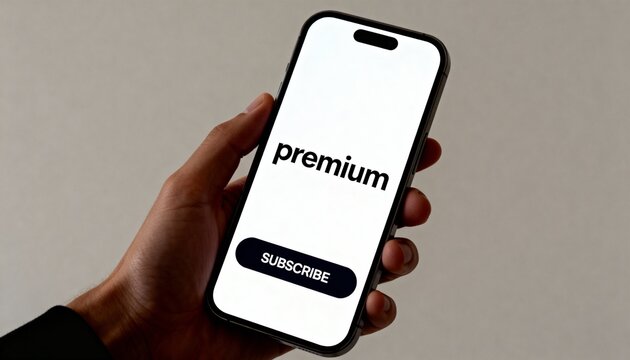 Hand holding a modern smartphone displaying a subscription prompt with the word "premium" and a black "SUBSCRIBE" button.