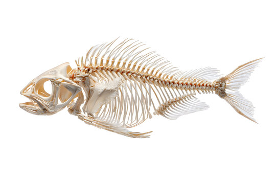 Complete fish skeleton on black background displaying intricate bone structure