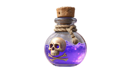 Mystical potion bottle with purple liquid and skull design