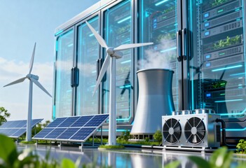 Sustainable data center infrastructure utilizing solar panels, wind turbines, and cooling systems.