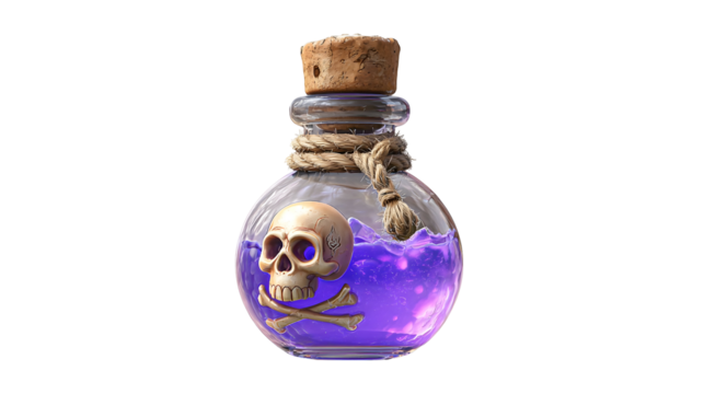 Mystical potion bottle with purple liquid and skull design - Powered by Adobe