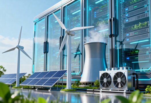Sustainable data center infrastructure utilizing solar panels, wind turbines, and cooling systems.