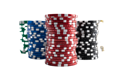 Stacks of red, blue, black, green casino chips on white background