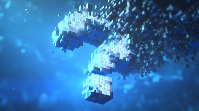 Three dimensional question mark composed of glowing digital cubes floats in deep blue atmosphere