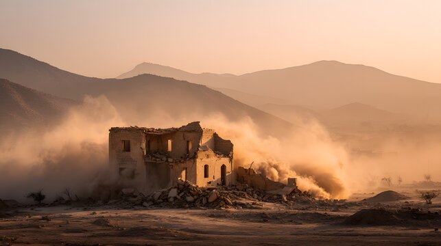 Collapsed structure billows large clouds of dust against a backdrop of hazy mountains at sunset