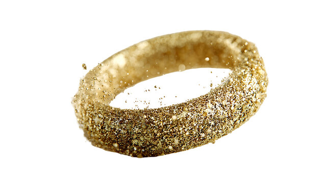 Floating gold dust ring with glimmering particles on black background
