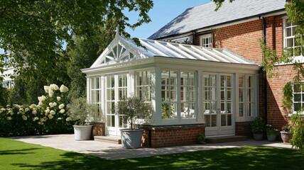 Elegant brick house featuring a bright conservatory opening to a sunny green garden and paved patio