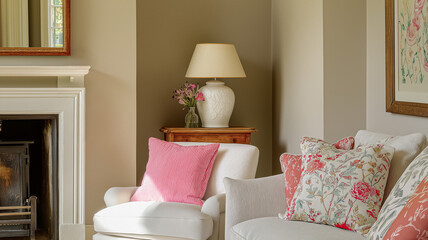 Naklejka premium Cozy traditional living room interior with fireplace, lamp, and sofa featuring vibrant floral and striped cushions