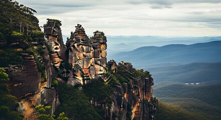 Iconic three sisters rock formation in the blue mountains national park australia with dramatic cloudy sky