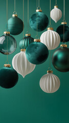 Christmas holiday card of elegant  green and white ornaments. Mix of velvet plush, glass and paper baubles. Space for text. 