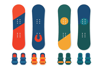 Four colorful snowboards and matching bindings set for winter sports equipment