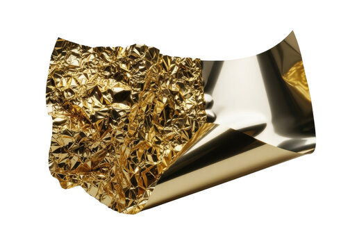 Dynamic gold foil, crumpled with sharp shadows contrasting a smooth, reflective surface, unfurling on transparent background. Concept of material luxury - Powered by Adobe