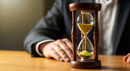Businessman sitting at a wooden desk with an hourglass measuring passing time.