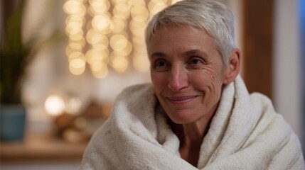 Mature Caucasian woman wrapped in fluffy comfort under winter solstice lights, radiating coziness and the warmth of Hygge moments