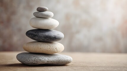 Stack of smooth, naturally shaped stones delicately balanced upon a surface with a softly lit background