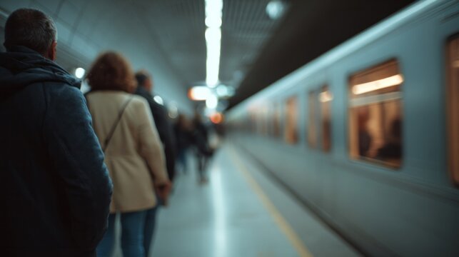 A bustling metro platform captures urban rhythm, diverse commuters, reminiscent of London's Tube; celebrate Urban Transit Day