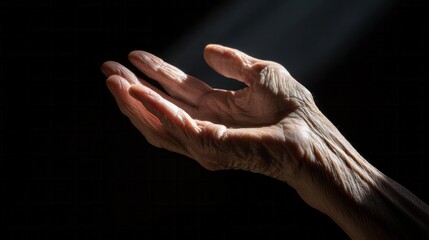 Aged hand reaching toward ethereal light beam, symbolizing Dia de los Muertos and ancestral connections; wisdom's fragile tapestry