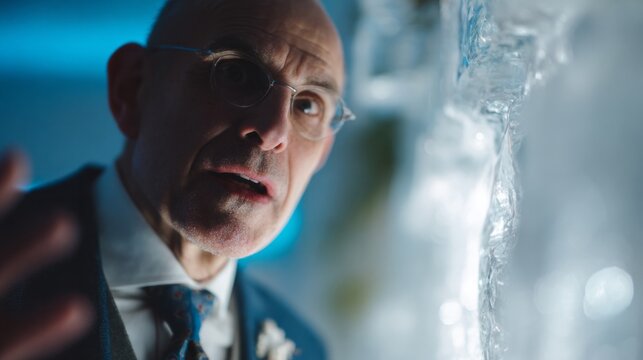 ```textMature Caucasian man, engrossed in shimmering ice sculptures, embodies winter solstice wonder and avant-garde glacial artistry fascination```