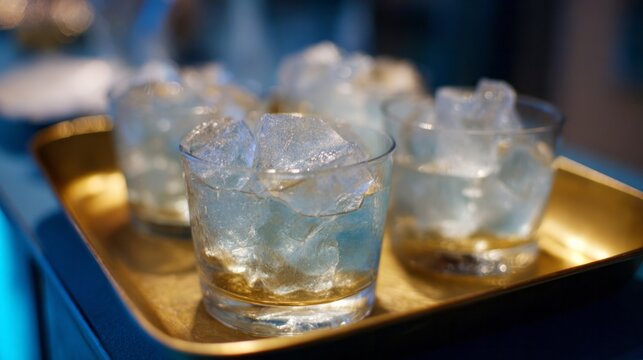 Chilled crystal glasses sparkle on a golden tray, evoking Jazz Era elegance and refreshing Lemuria-themed cocktail gatherings