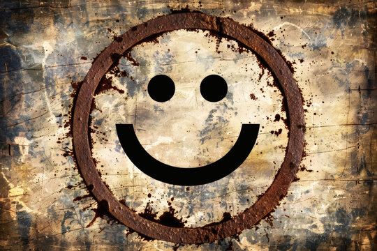 Grunge smiley face on weathered wooden texture with rust - Powered by Adobe