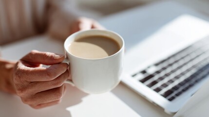 White cup held by Caucasian woman, latte serenity, work-from-home bliss, International Coffee Day, digital nomad lifestyle harmony