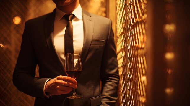Gentleman in formal attire holding a glass of red beverage in a warmly lit setting