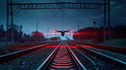 Fototapeta premium A drone hovers above railway tracks at night. Red lights illuminate the scene, creating a futuristic atmosphere. Surrounding trees are silhouetted against the dark sky.