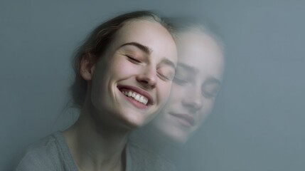 Dreamy reflections of a smiling Caucasian woman evoke serene joy, introspection, World Laughter Day whispers, sleepy reverie